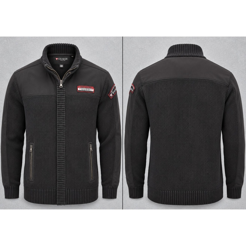 Guess Sweater Mens L Black Full Zip Cardigan Long Sleeve Moto Patches Y2K